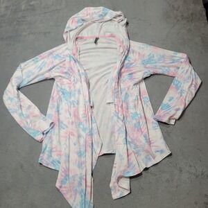 Jaclyn Intimates Cardigan Women Pink Blue Tie‎ Dye Hood Open Front Lounger Boho